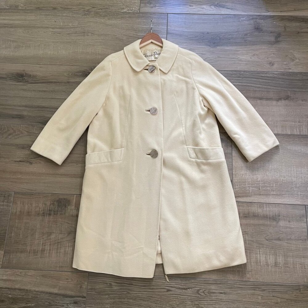 Betty Rose Cashmere Coat Womens M Ivory Vintage 60s 3/4 Sleeve Overcoat Jackie O